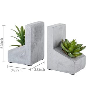 MyGift L-Shaped Heavy Concrete Shelf Decor Decorative Bookends with Artificial Succulent Plants, Desktop Textbook Book Stands, 1 Pair