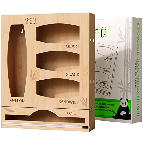 Bamboo Ziplock Bag Storage Organizer with Foil Cutter and Plastic Wrap Dispenser - Wooden Baggies Holder for Drawer - Kitchen Organization for Gallon, Quart, Snack, and Sandwich Bags - Magnetic Foil Organizer