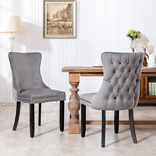 Dining Chairs Set of 2, HABITRIO Upholstered Wing-Back Button Tufted Dining Chair with Backstitching Nailhead Trim and Solid Wood Legs (Dark Grey)