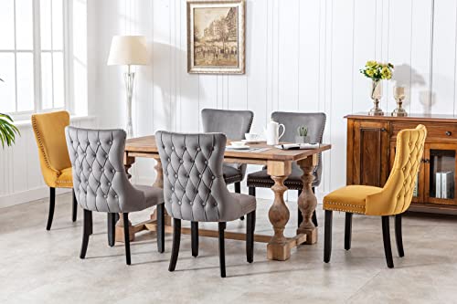 Dining Chairs Set of 2, HABITRIO Upholstered Wing-Back Button Tufted Dining Chair with Backstitching Nailhead Trim and Solid Wood Legs (Dark Grey)