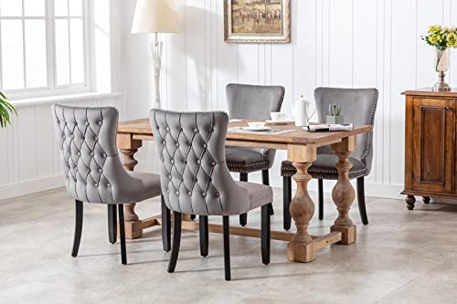 Dining Chairs Set of 2, HABITRIO Upholstered Wing-Back Button Tufted Dining Chair with Backstitching Nailhead Trim and Solid Wood Legs (Dark Grey)