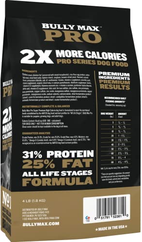 Bully Max 2X Calorie Dry Dog Food PRO Series | High Calorie High Protein Dog and Puppy Food | Healthy Weight Gain and Muscle Mass for All Breeds | 600 Calories per Cup | Slow-Cooked | 16 Lbs. Bag