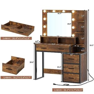 Tiptiper Vintage Vanity Desk, Makeup Vanity with Mirror and 10 LED Lights, 3 Lighting Modes, Makeup Table with 2 USB Ports and Outlets, Vanity Table with 5 Drawers,Nightstand and Storage Shelves