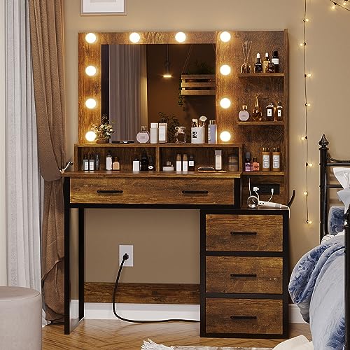 Tiptiper Vintage Vanity Desk, Makeup Vanity with Mirror and 10 LED Lights, 3 Lighting Modes, Makeup Table with 2 USB Ports and Outlets, Vanity Table with 5 Drawers,Nightstand and Storage Shelves