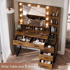Tiptiper Vintage Vanity Desk, Makeup Vanity with Mirror and 10 LED Lights, 3 Lighting Modes, Makeup Table with 2 USB Ports and Outlets, Vanity Table with 5 Drawers,Nightstand and Storage Shelves