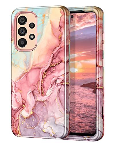 Btscase for Samsung Galaxy A53 5G Case, Marble Pattern 3 in 1 Heavy Duty Shockproof Full Body Rugged Hard PC+Soft Silicone Drop Protective Women Girl Cover for Samsung Galaxy A53 5G,Rose Gold