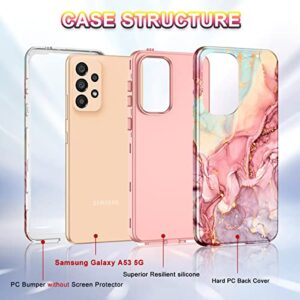 Btscase for Samsung Galaxy A53 5G Case, Marble Pattern 3 in 1 Heavy Duty Shockproof Full Body Rugged Hard PC+Soft Silicone Drop Protective Women Girl Cover for Samsung Galaxy A53 5G,Rose Gold