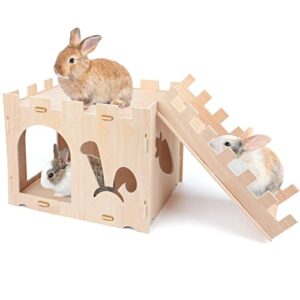 YUEPET Extra Large Wooden Rabbit Castle Bunny Play House Detachable Small Animal Hideout Handmade Hut for Indoor Adult Rabbit Guinea Pig Chinchilla Habitat