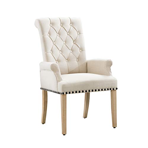 FUNESI Linen Wingback Dining Chair,Thick Tufted Upholstered Design with Armrests and Light Color Solid Wood Legs for Kitchen (Beige)