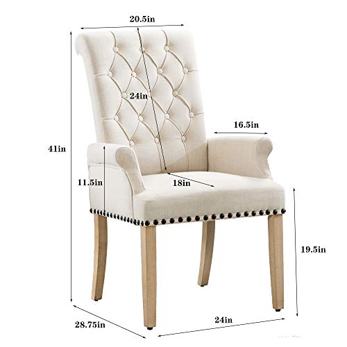 FUNESI Linen Wingback Dining Chair,Thick Tufted Upholstered Design with Armrests and Light Color Solid Wood Legs for Kitchen (Beige)