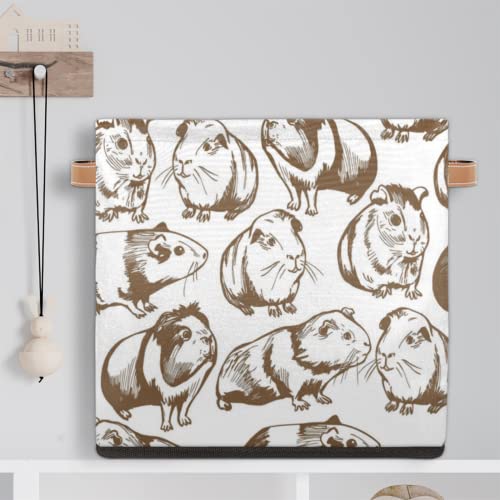 TropicalLife Cute Guinea Pigs 13x13x13 Inch Large Fabric Storage Cubes, Collapsible Cube Storage Bins Organizer Boxes with Leather Handles Cube Baskets for Organizing Closet Shelves