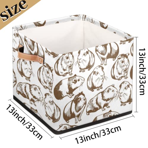 TropicalLife Cute Guinea Pigs 13x13x13 Inch Large Fabric Storage Cubes, Collapsible Cube Storage Bins Organizer Boxes with Leather Handles Cube Baskets for Organizing Closet Shelves