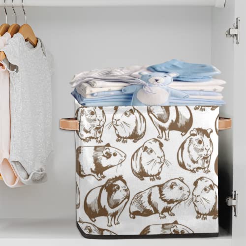 TropicalLife Cute Guinea Pigs 13x13x13 Inch Large Fabric Storage Cubes, Collapsible Cube Storage Bins Organizer Boxes with Leather Handles Cube Baskets for Organizing Closet Shelves