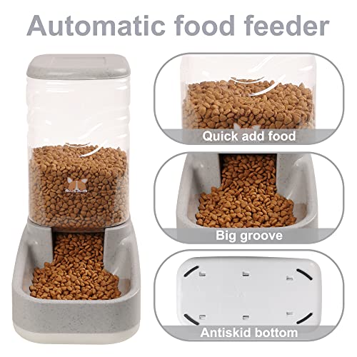 ELEVON Automatic Dog Cat Gravity Food and Water Dispenser Set with Pet Food Bowl for Small Large Pets Puppy Kitten Rabbit Large Capacity(White&Gray)