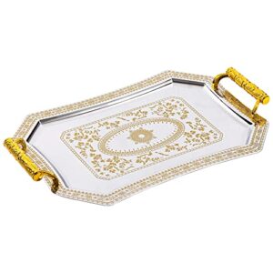 gurudar vintage stainless steel decorative tray 17" x 12", rectangle metal serving tray with golden engraving pattern & plastic handle for coffee tea table home décor living room kitchen dining