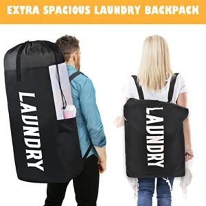 Laundry Backpack Bag Travel Laundry Backpack Extra Large Heavy Duty with Shoulder Straps Camp Nylon Laundry Hamper Bag with Drawstring Closure for College, Travel, Laundromat, Apartment, Camp (Black)