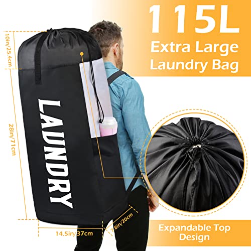 Laundry Backpack Bag Travel Laundry Backpack Extra Large Heavy Duty with Shoulder Straps Camp Nylon Laundry Hamper Bag with Drawstring Closure for College, Travel, Laundromat, Apartment, Camp (Black)