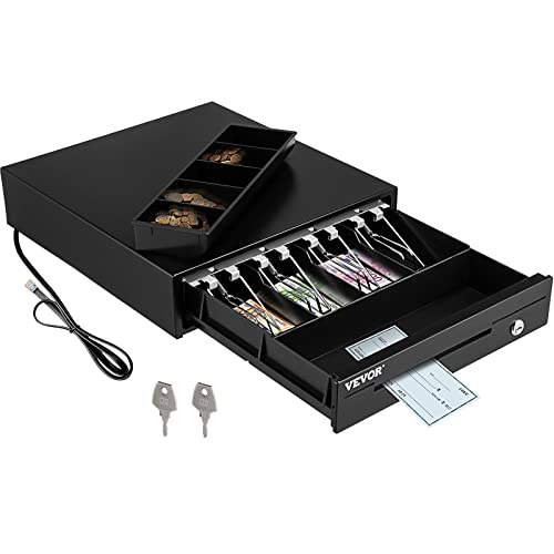 VEVOR Cash Register Drawer 13" 12 V for POS System with 4 Bill 5 Coin Cash Tray Removable Coin Compartment & 2 Keys Included, RJ11/RJ12 Cable for Supermarket Bar Coffee Shop Restaurant