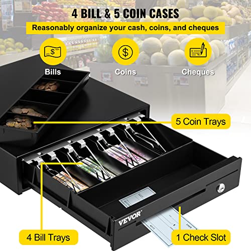 VEVOR Cash Register Drawer 13" 12 V for POS System with 4 Bill 5 Coin Cash Tray Removable Coin Compartment & 2 Keys Included, RJ11/RJ12 Cable for Supermarket Bar Coffee Shop Restaurant