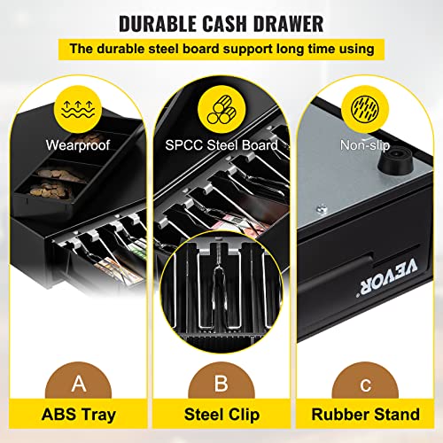 VEVOR Cash Register Drawer 13" 12 V for POS System with 4 Bill 5 Coin Cash Tray Removable Coin Compartment & 2 Keys Included, RJ11/RJ12 Cable for Supermarket Bar Coffee Shop Restaurant