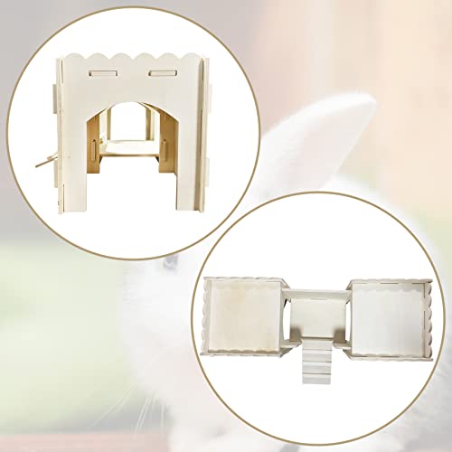 kathson Wooden Rabbit Castle Small Animals Hideout Bunny Playhouse Tunnel with Bridge Windows Spacious and Breathable Indoor Castle for Bunnies, Cat, Guinea Pig