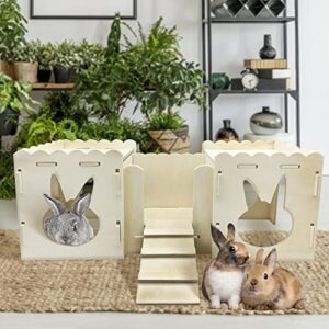 kathson Wooden Rabbit Castle Small Animals Hideout Bunny Playhouse Tunnel with Bridge Windows Spacious and Breathable Indoor Castle for Bunnies, Cat, Guinea Pig