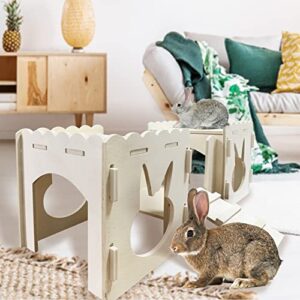 kathson Wooden Rabbit Castle Small Animals Hideout Bunny Playhouse Tunnel with Bridge Windows Spacious and Breathable Indoor Castle for Bunnies, Cat, Guinea Pig