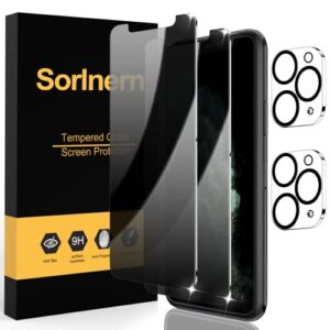 sorlnern [2+2 pack] iphone 11 pro privacy screen protectors with camera lens protectors, anti-spy 9h tempered glass film screen protectors for iphone 11 pro (5.8), case friendly, bubble free