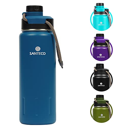 Insulated Water Bottles 24 oz, Santeco Stainless Steel Bottles with Lanyard & Wide Mouth Spout Lid, Leak Proof, Double Wall Vacuum Water Bottle, Keep Drinks Hot & Cold for Hiking Camping - Blue