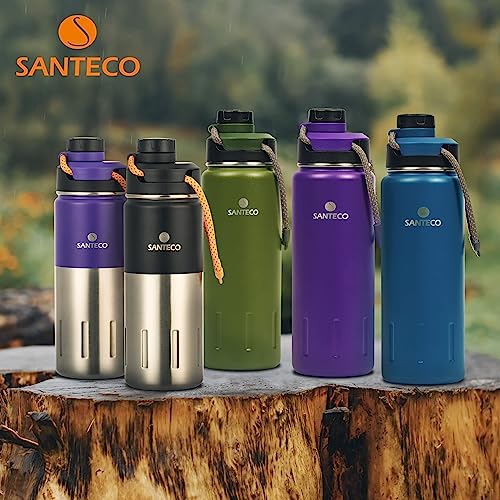 Insulated Water Bottles 24 oz, Santeco Stainless Steel Bottles with Lanyard & Wide Mouth Spout Lid, Leak Proof, Double Wall Vacuum Water Bottle, Keep Drinks Hot & Cold for Hiking Camping - Blue