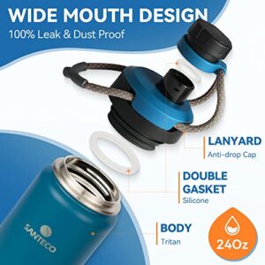 Insulated Water Bottles 24 oz, Santeco Stainless Steel Bottles with Lanyard & Wide Mouth Spout Lid, Leak Proof, Double Wall Vacuum Water Bottle, Keep Drinks Hot & Cold for Hiking Camping - Blue