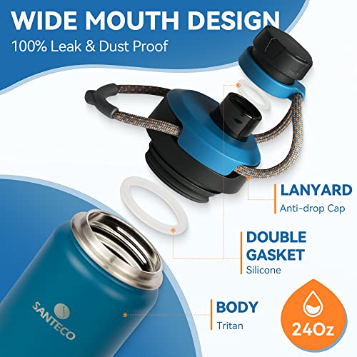 Insulated Water Bottles 24 oz, Santeco Stainless Steel Bottles with Lanyard & Wide Mouth Spout Lid, Leak Proof, Double Wall Vacuum Water Bottle, Keep Drinks Hot & Cold for Hiking Camping - Blue