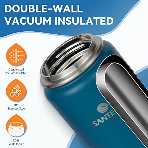 Insulated Water Bottles 24 oz, Santeco Stainless Steel Bottles with Lanyard & Wide Mouth Spout Lid, Leak Proof, Double Wall Vacuum Water Bottle, Keep Drinks Hot & Cold for Hiking Camping - Blue