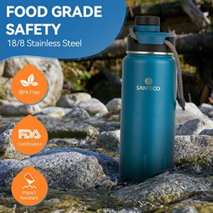 Insulated Water Bottles 24 oz, Santeco Stainless Steel Bottles with Lanyard & Wide Mouth Spout Lid, Leak Proof, Double Wall Vacuum Water Bottle, Keep Drinks Hot & Cold for Hiking Camping - Blue