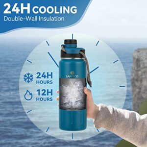 Insulated Water Bottles 24 oz, Santeco Stainless Steel Bottles with Lanyard & Wide Mouth Spout Lid, Leak Proof, Double Wall Vacuum Water Bottle, Keep Drinks Hot & Cold for Hiking Camping - Blue