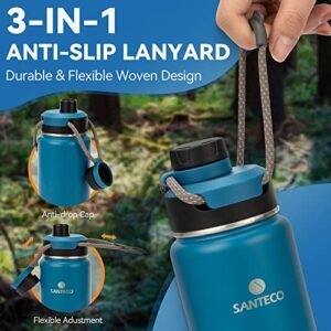 Insulated Water Bottles 24 oz, Santeco Stainless Steel Bottles with Lanyard & Wide Mouth Spout Lid, Leak Proof, Double Wall Vacuum Water Bottle, Keep Drinks Hot & Cold for Hiking Camping - Blue