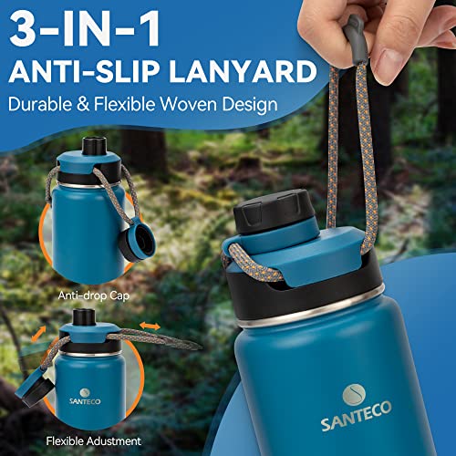 Insulated Water Bottles 24 oz, Santeco Stainless Steel Bottles with Lanyard & Wide Mouth Spout Lid, Leak Proof, Double Wall Vacuum Water Bottle, Keep Drinks Hot & Cold for Hiking Camping - Blue