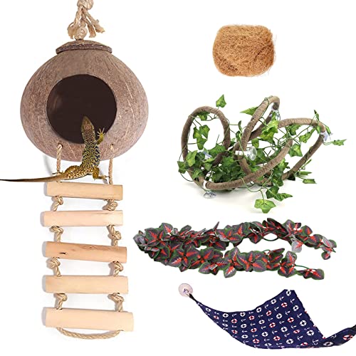 Crested Gecko Tank Accessories, Coconut Hut with Ladder Reptile Hammock Colorful Hanging Plants Jungle Climber Vine Coco Shell Hideout Habitat Decor for Bearded Dragon Lizard Gecko Snake
