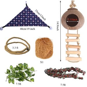 Crested Gecko Tank Accessories, Coconut Hut with Ladder Reptile Hammock Colorful Hanging Plants Jungle Climber Vine Coco Shell Hideout Habitat Decor for Bearded Dragon Lizard Gecko Snake