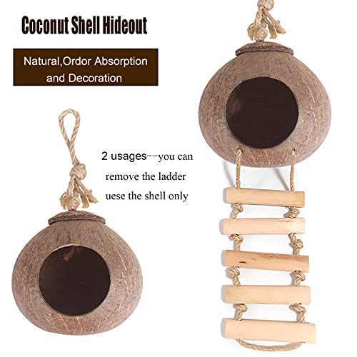 Crested Gecko Tank Accessories, Coconut Hut with Ladder Reptile Hammock Colorful Hanging Plants Jungle Climber Vine Coco Shell Hideout Habitat Decor for Bearded Dragon Lizard Gecko Snake