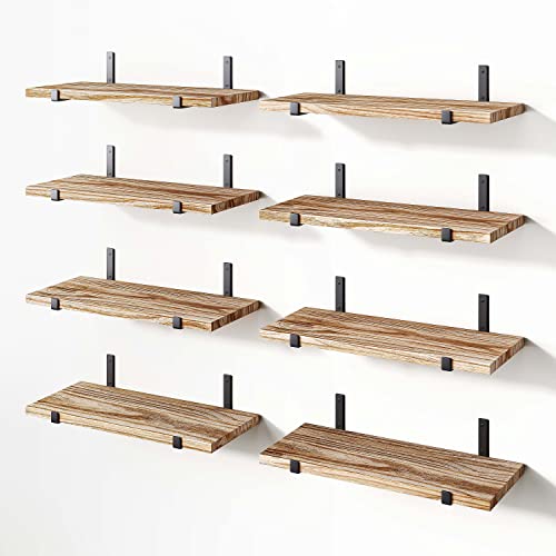 YGEOMER Floating Shelves, Set of 8, Rustic Wall Shelves, Wood Floating Shelf for Bedroom, Living Room, Book and Bathroom（Carbonized Black）