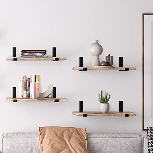 YGEOMER Floating Shelves, Set of 8, Rustic Wall Shelves, Wood Floating Shelf for Bedroom, Living Room, Book and Bathroom（Carbonized Black）