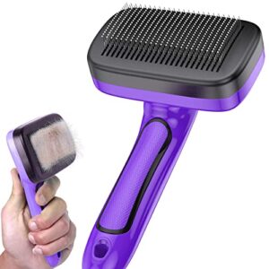 pet self cleaning slicker brush for shedding & grooming long short haired dogs, cats retractable brush for large and small gently removes loose undercoat, mats tangled hair from pet's coat - purple