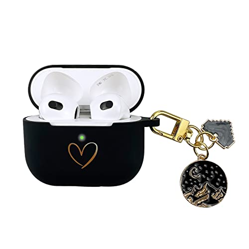 AIIEKZ Compatible with AirPods 3 Case Cover 2021, Soft Silicone Case with Gold Heart Pattern for AirPods 3rd Generation Case with Vintage Starry Mountains Keychain for Girls Women (Black)