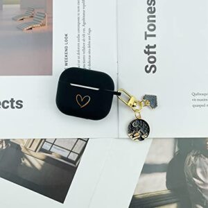 AIIEKZ Compatible with AirPods 3 Case Cover 2021, Soft Silicone Case with Gold Heart Pattern for AirPods 3rd Generation Case with Vintage Starry Mountains Keychain for Girls Women (Black)