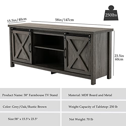 Vinctik 6&Fox 58In Farmhouse Entertainment Center,Rustic TV Stand for up to 65 inch TV with Wood Sliding Barn Door,Adjustable Storage Shelf,Media TV Table