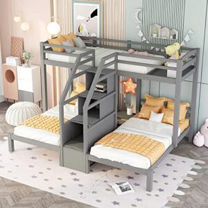 gaowei triple bunk bed twin over twin & twin bunk bed with 3 storage staircase,triple bunk bed for kids,triple bunk bed with storage stairs,bedroom furniture pinewood bed frame (staircase+gray)