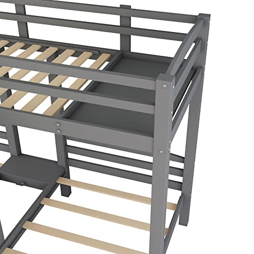 GAOWEI Triple Bunk Bed Twin Over Twin & Twin Bunk Bed with 3 Storage Staircase,Triple Bunk Bed for Kids,Triple Bunk Bed with Storage Stairs,Bedroom Furniture Pinewood Bed Frame (Staircase+Gray)