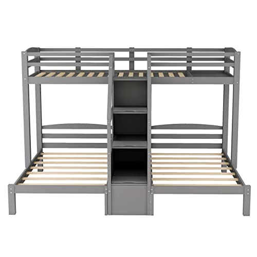 GAOWEI Triple Bunk Bed Twin Over Twin & Twin Bunk Bed with 3 Storage Staircase,Triple Bunk Bed for Kids,Triple Bunk Bed with Storage Stairs,Bedroom Furniture Pinewood Bed Frame (Staircase+Gray)