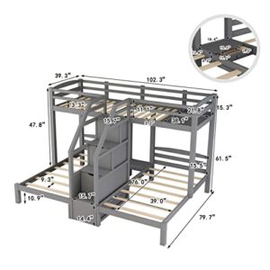 GAOWEI Triple Bunk Bed Twin Over Twin & Twin Bunk Bed with 3 Storage Staircase,Triple Bunk Bed for Kids,Triple Bunk Bed with Storage Stairs,Bedroom Furniture Pinewood Bed Frame (Staircase+Gray)